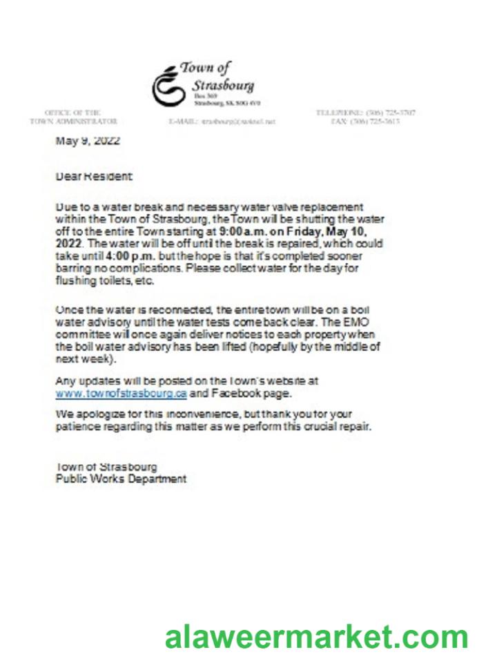 Canada Saskatchewan Town of Strasbourg water utility shut off notice